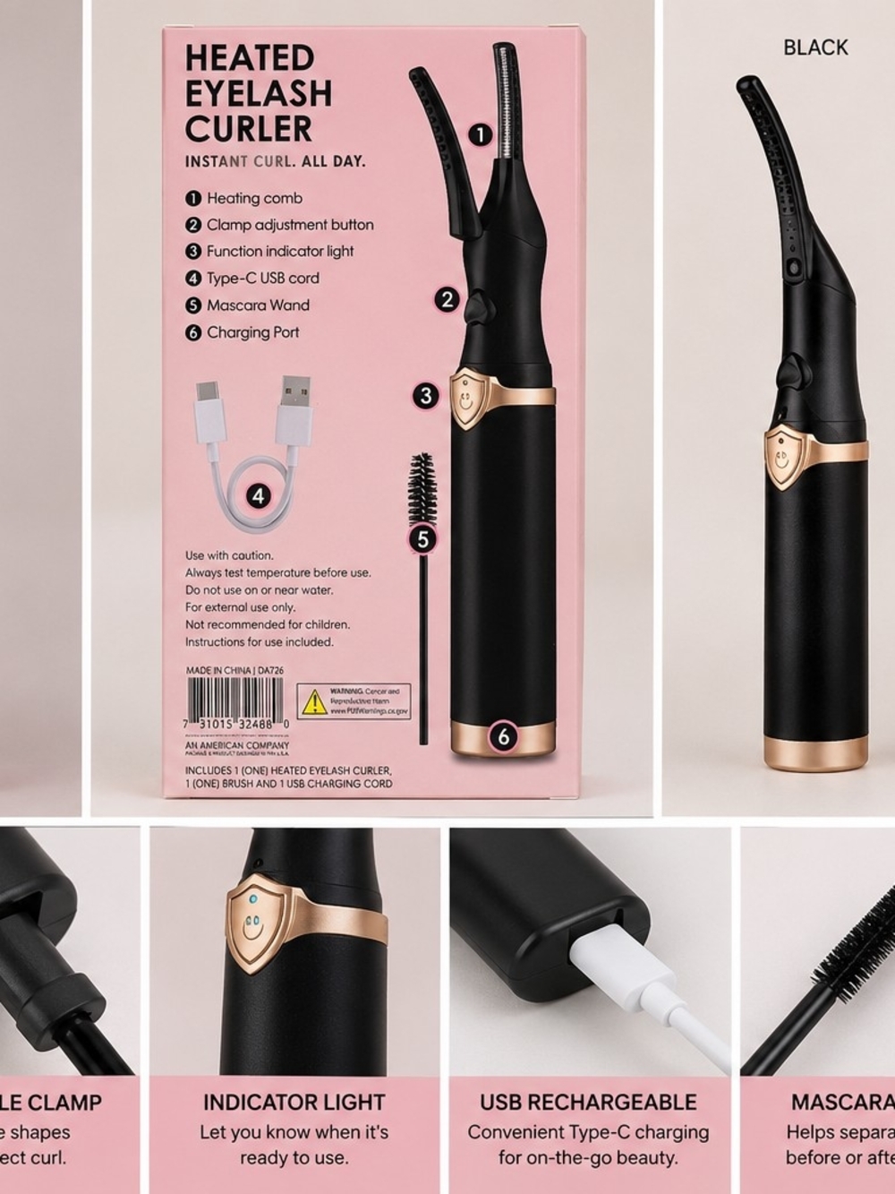 Heated Eyelash Curler in Black & Gold – Portable USB Rechargeable